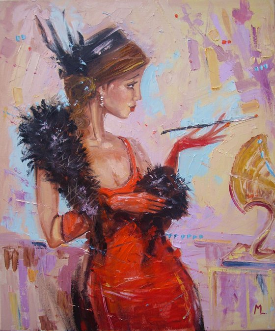 "  RETRO SOUND  " - original oil painting on canvas, gift, PALETTE KNIFe, LADY IN RED