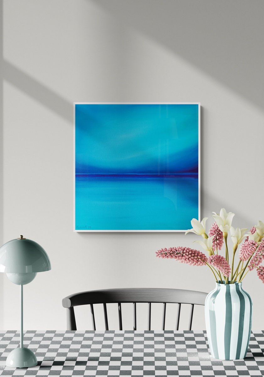 Impressionistic Landscape Acrylic Painting By Nataliia Krykun, 22 X 22", Blue Lagoon Ocean #1, Original Artwork