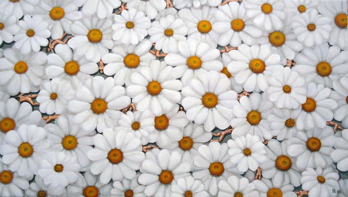 Surrealistic Botanical Oil Painting By Grigor Velev, 28 X 16, Hidden In Bloom, Original Artwork