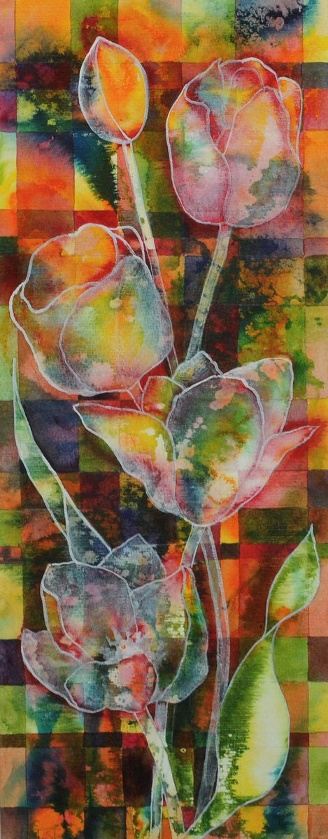 Geometric Botanical Acrylic Painting By Theresa Shaw, 8 X 20", Tulips, Original Artwork
