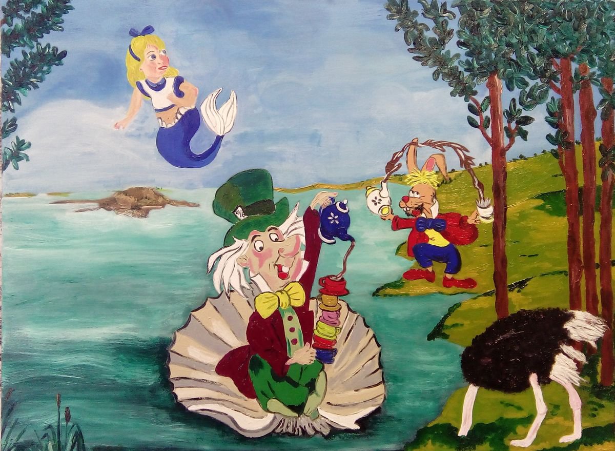 Naive Landscape Oil Painting By Corinne Hamer, 32 X 24, Birth Of The Mad Hatter, Original Artwork