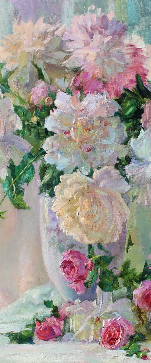 Peonies and tea roses by Volodymyr Tarabanov