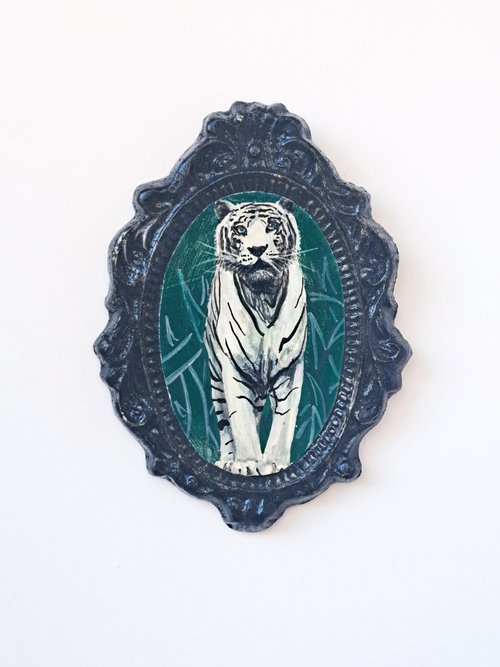 White tiger, part of framed animal miniature series "festum animalium" by Andromachi Giannopoulou