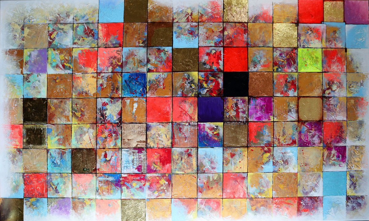 Geometric Abstract Acrylic Painting By Rakhmet Redzhepov, 59 X 35", Black Square And Other Squares, Original Artwork