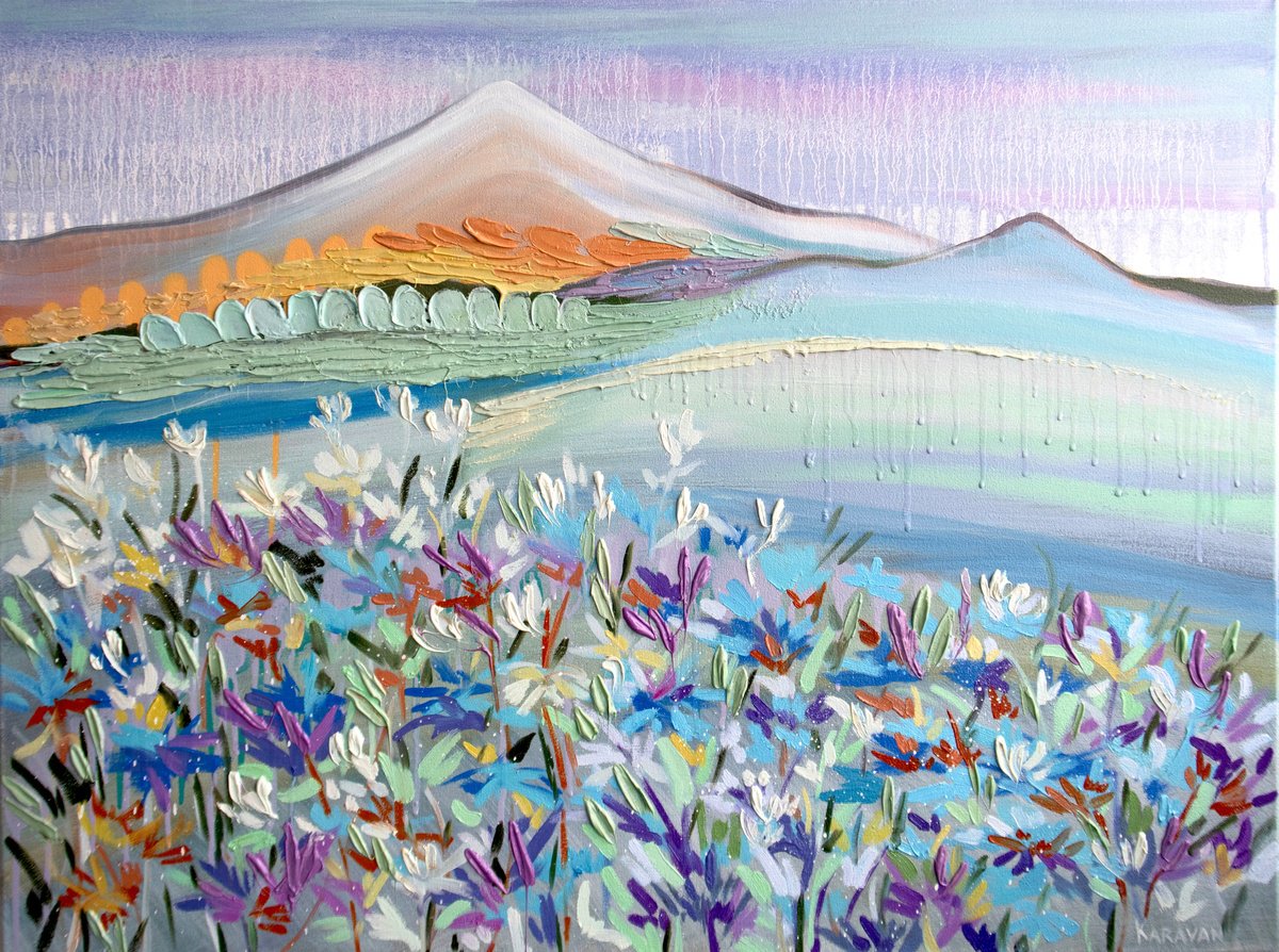 Abstract Landscape Oil Painting By Nataliia Karavan, 32 X 24", The Power Of Pacification, Original Artwork