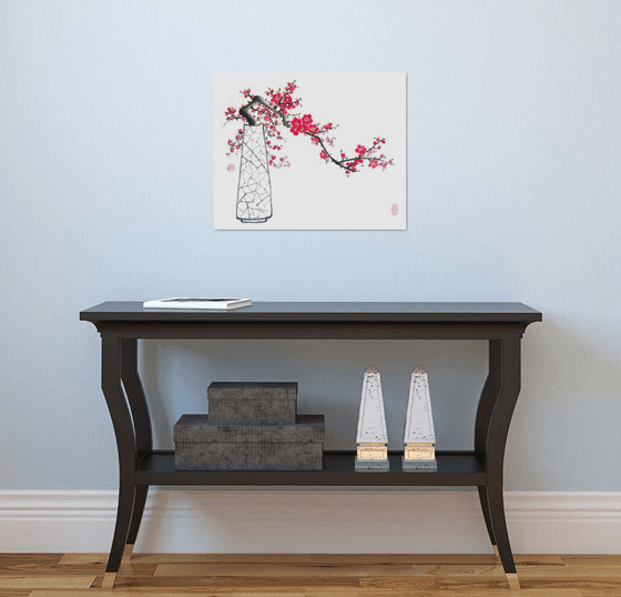 Red plum in a vase - Oriental Chinese Ink Painting
