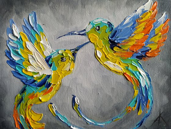 Lovers - oil painting, hummingbird, birds, love, animals oil painting, art bird, impressionism, palette knife, gift.