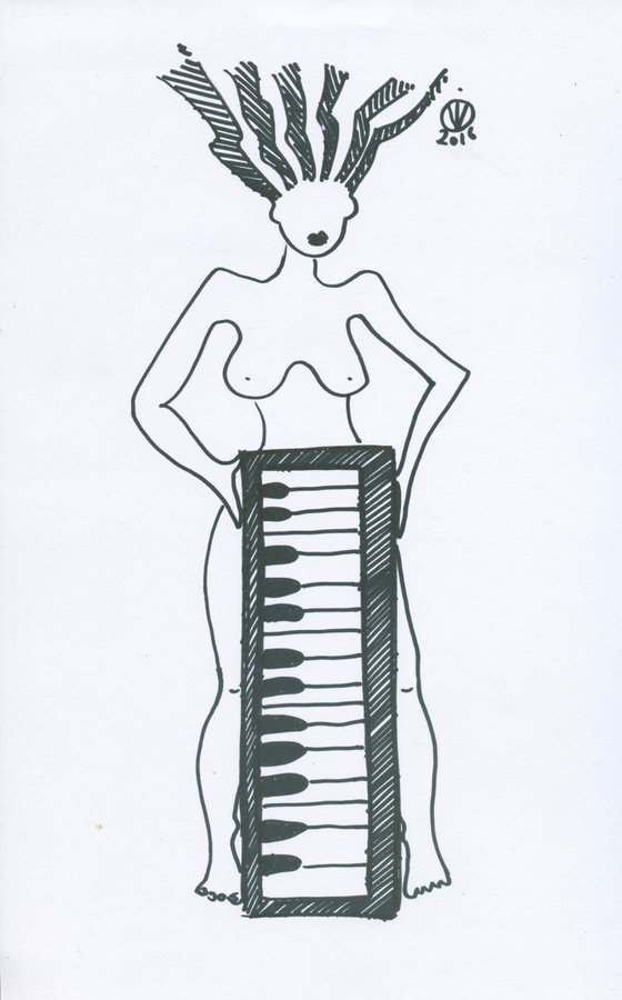 Piano Solo #1 abstract sketch drawing original hand made one line nude girl music piano
