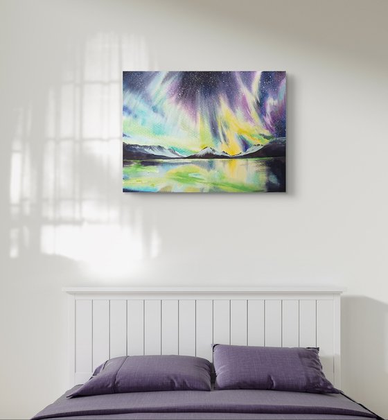 Winter glow: watercolor lights over the lake