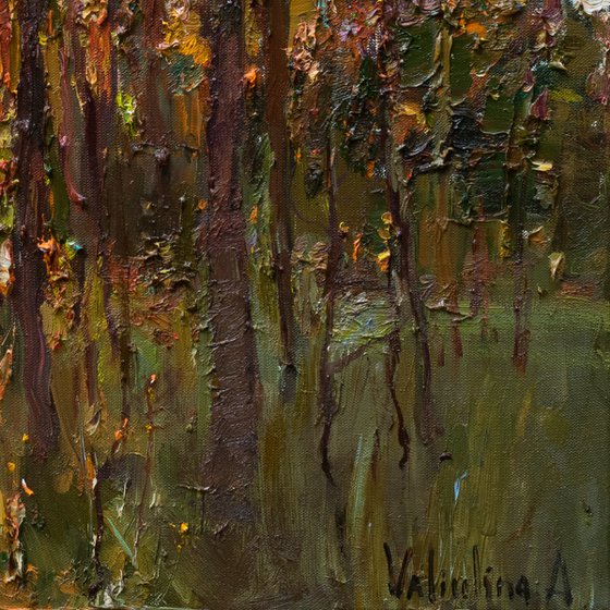 Autumn forest at sunset  Landscape painting