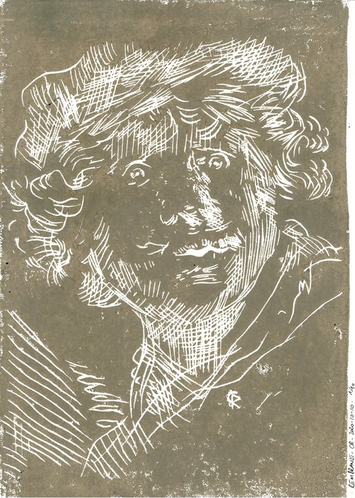 Selbstbildnis mit aufgerissenen Augen - Linoprint inspired by Rembrandt by Reimaennchen - Christian Reimann