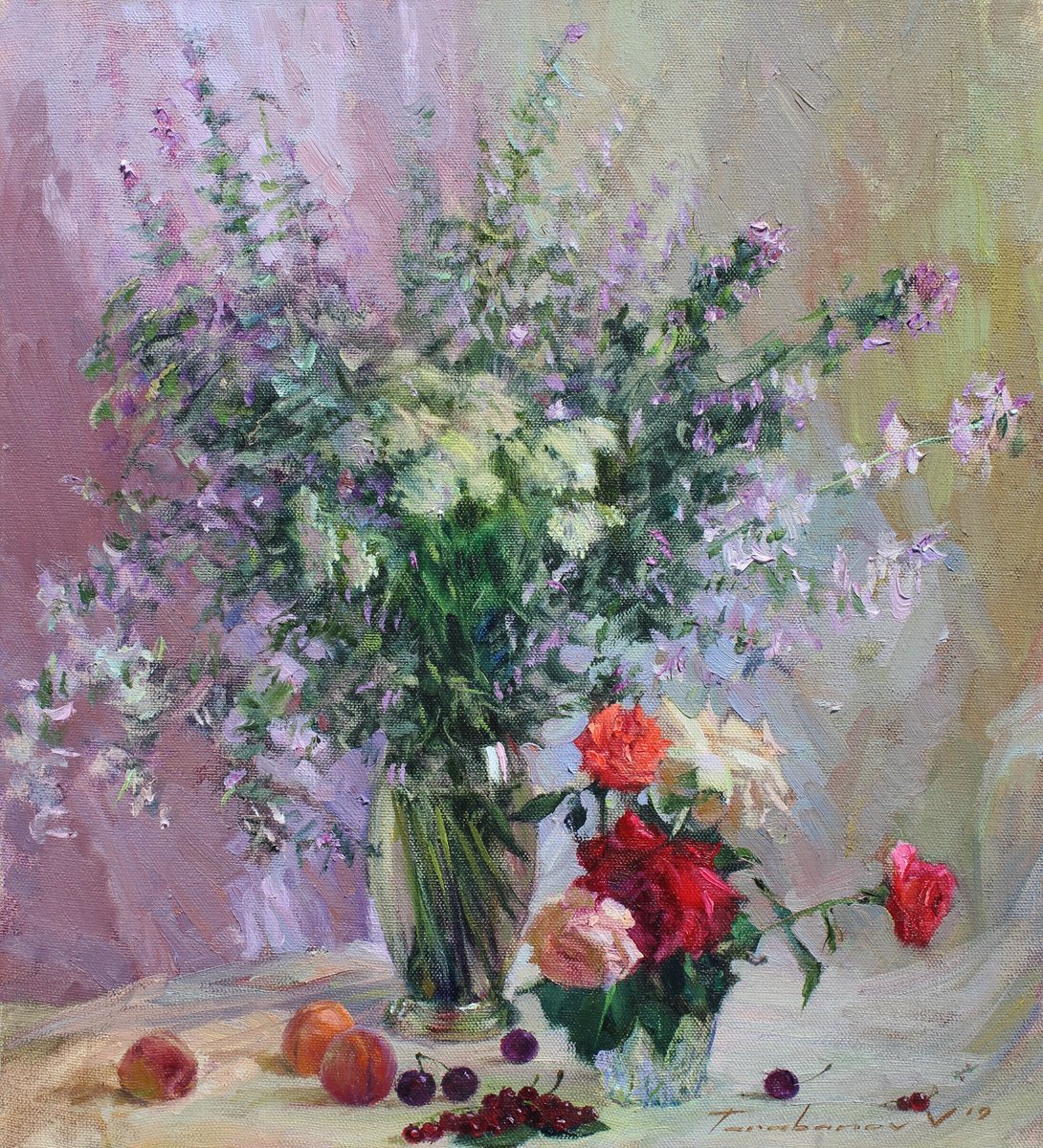 Impressionistic Botanical Oil Painting By Volodymyr Tarabanov, 20 X 22", July Still Life, Original Artwork