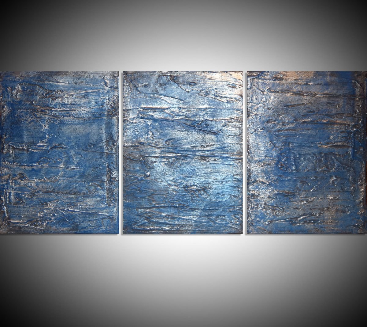 Geometric Abstract Acrylic Painting By Stuart Wright, 48 X 20", Triptych Silver 2, Original Artwork