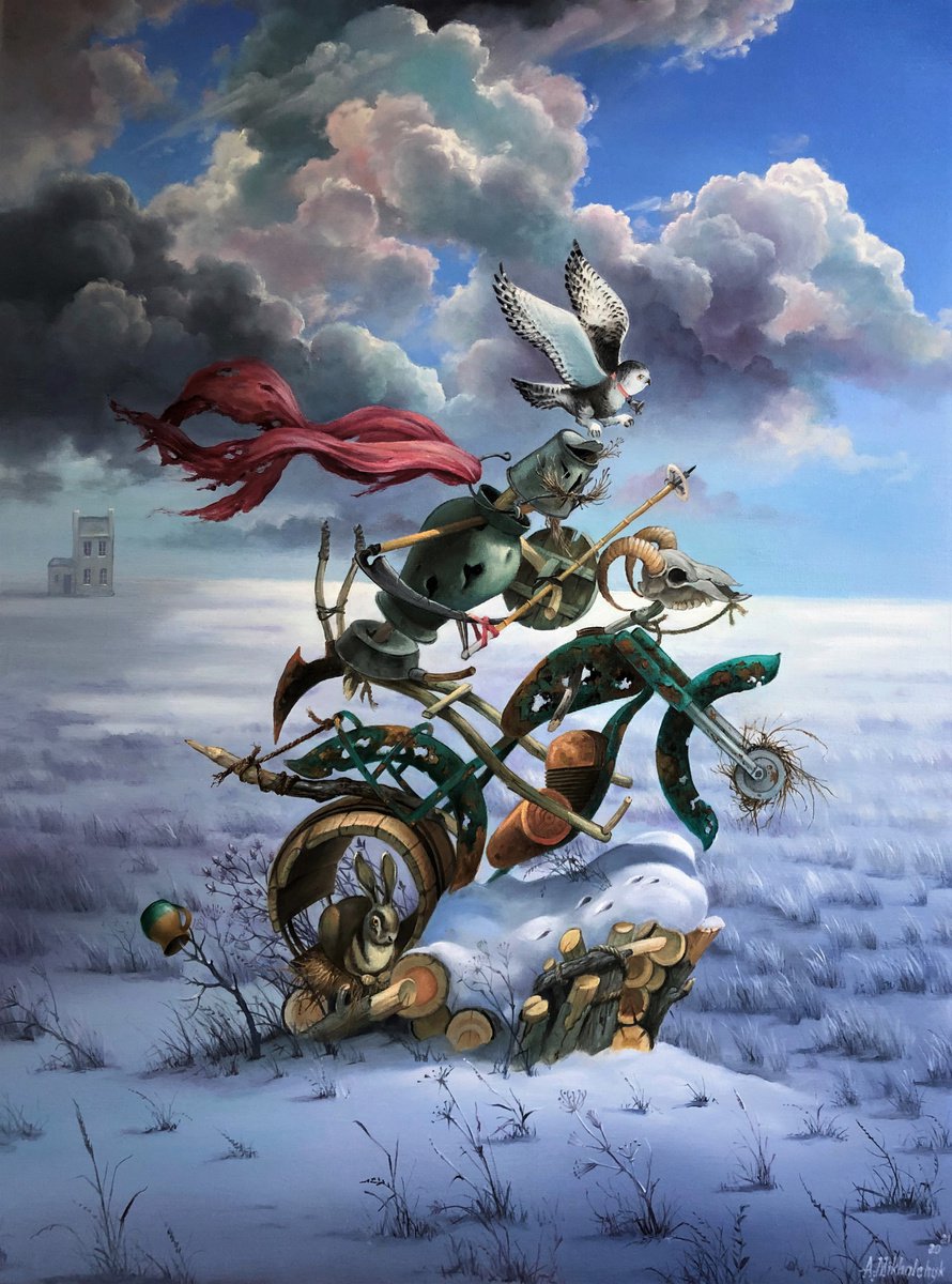 Photorealistic Animal Oil Painting By Alexander Mikhalchyk, 24 X 31, Horseman Winter., Original Artwork