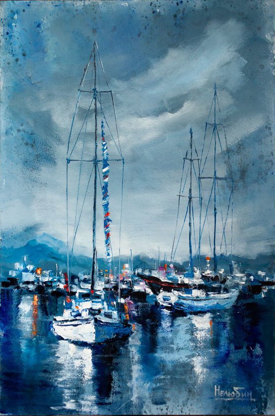 "Yachts in the harbor" ships, seascape ,sailboats