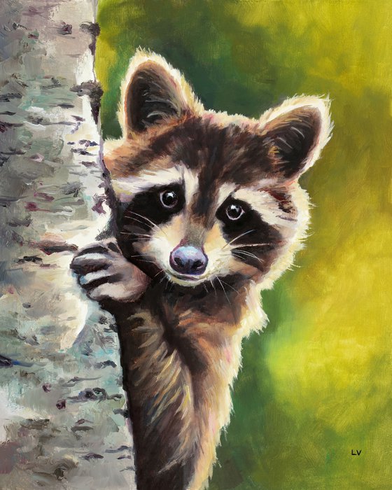 Cute racoon painting portrait, Woodland creature art, Forest animal painting, North american wildlife, Lake house decor cabin, Animal lover gift, 'Cute thief'