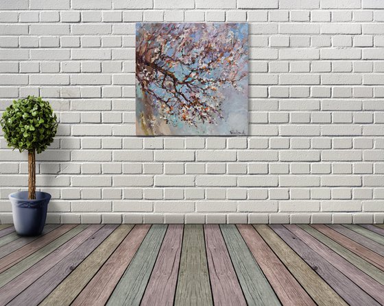 Flowering apricot tree Original oil painting