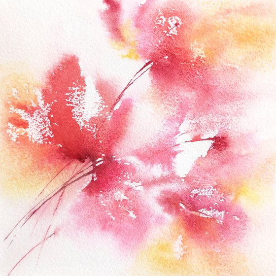 Red abstract flowers, small watercolor painting