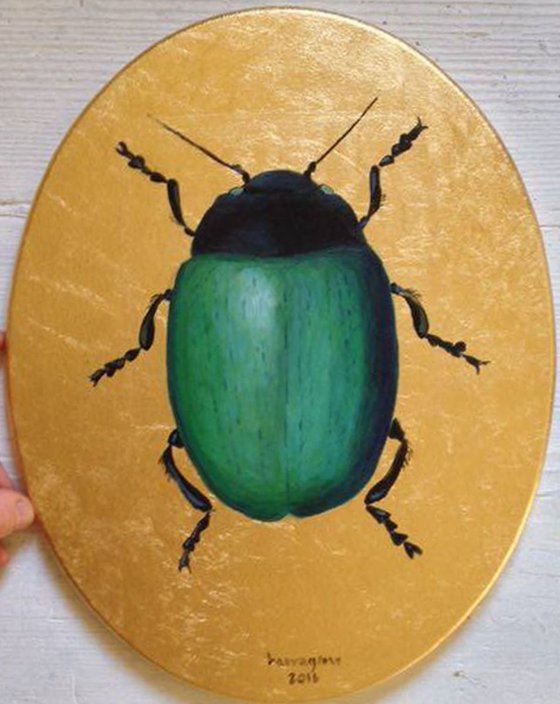 My Big Green Beetle Oil Painting on Oval Lacquered Golden Leaf Canvas Frame