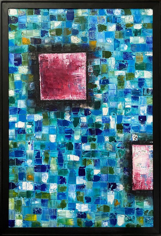 "Mosaic Squared" - Original Highly Textured PMS Abstract Oil Painting On Wood, Framed - 26" x 38"