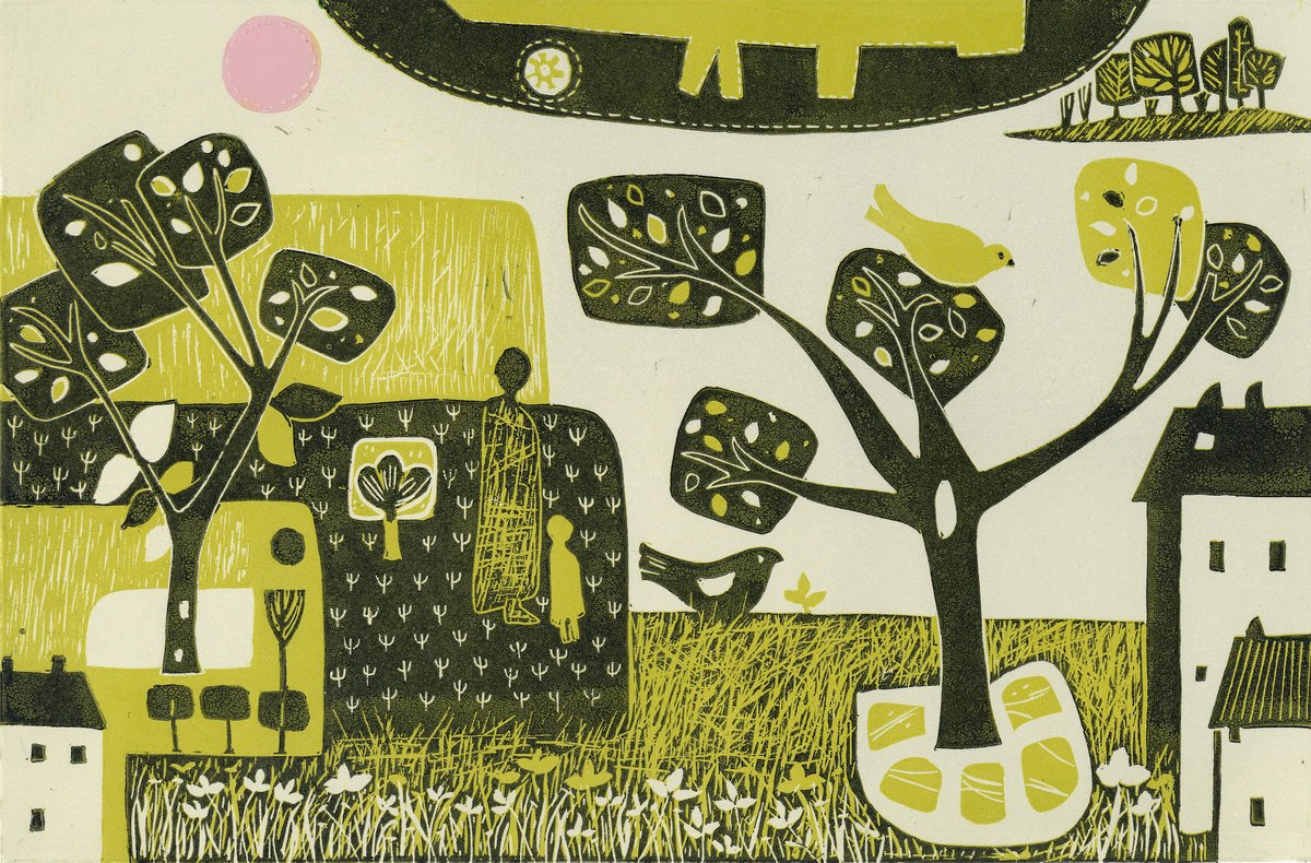 Graphic Landscape Linocut By Layla Khani (Aka Laylart), 15 X 11", 