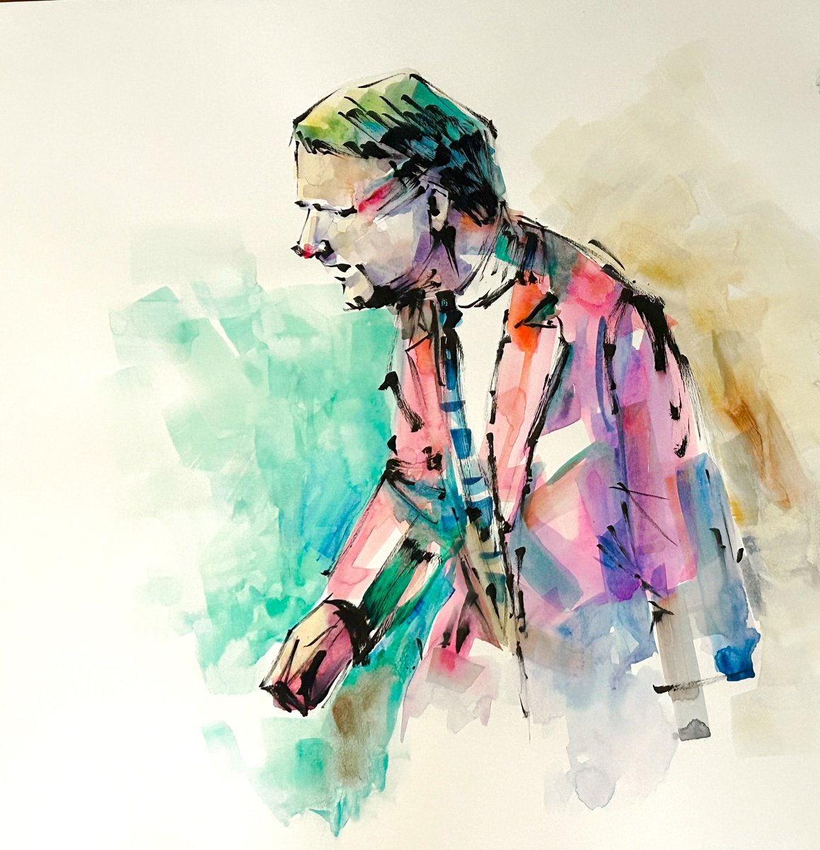 Expressive Portrait Painting By Deke Wightman, 16 X 18, Claude Finds The Answer, Original Artwork