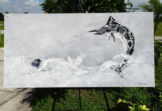 OCEAN SURPRISE. Large Gray Abstract Painting of Fish Jumping out of the Water
