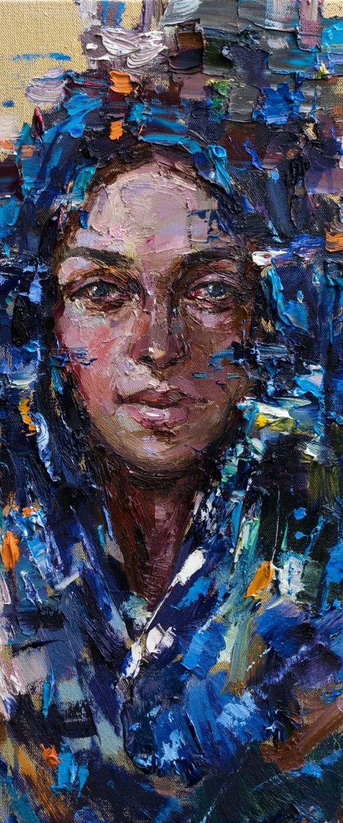 Woman in Blue head scarf - Original oil painting by Anastasiia Valiulina