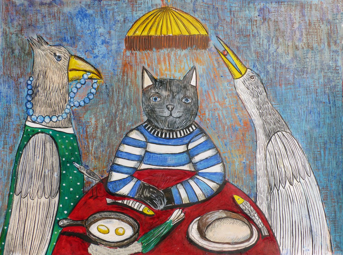 Naive Animal Painting By Elizabeth Vlasova, 24 X 18, Tricks At The Dinner Table, Original Artwork