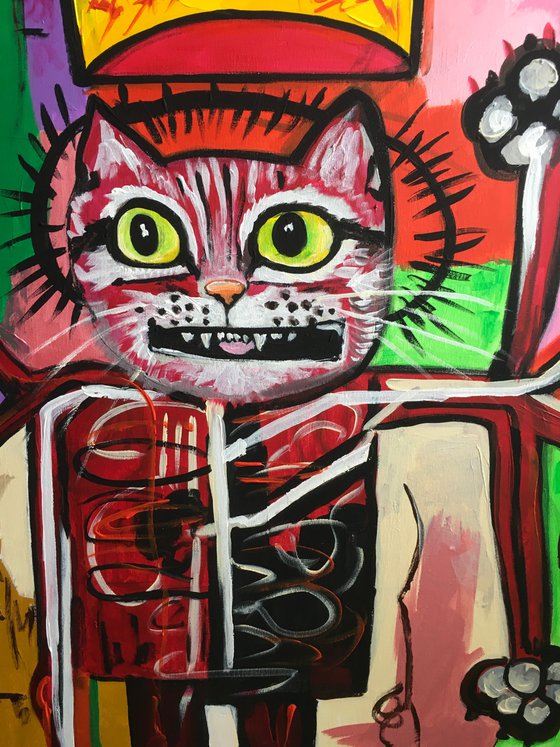 KING TROY the cat, ( 102 x 91 cm, 40 x 36 inches),  multi-armed, multitasking, inspired by Basquiat and Indian culture, solving the problems of the modern rapidly changing world in parallel and seamlessly