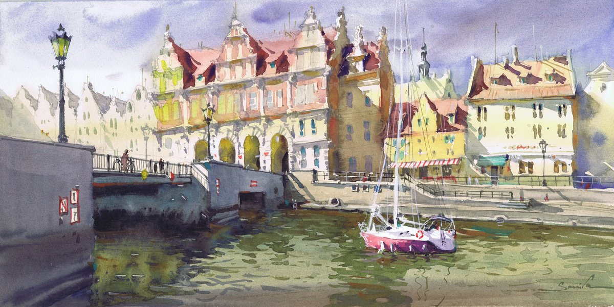 Expressive Cityscapes Watercolour By Samira Yanushkova, 16 X 8", Ancient Town Tapestry, Original Artwork