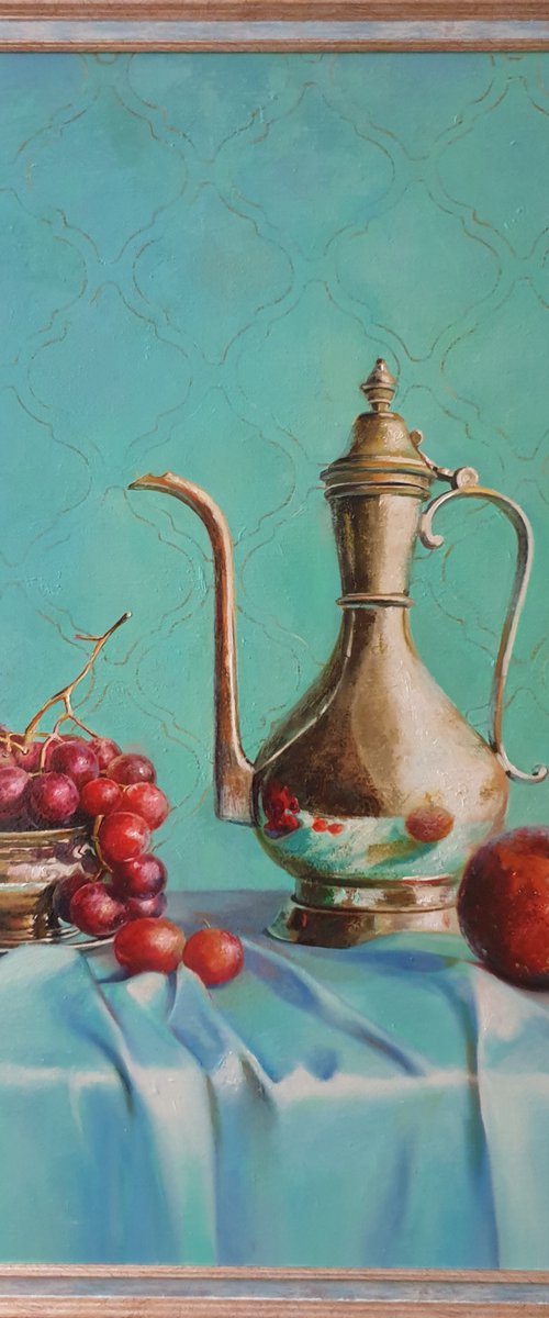 "A turquoise morning visiting Auntie Aishe."   still life pomegranate grape jug liGHt original painting PALETTE KNIFE  GIFT (2021) by Anna Bessonova (Kotelnik)