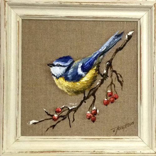 "Bird " Original  oil painting on canvas 25x25x2cm.,framed, ready to hang by Elena Kraft
