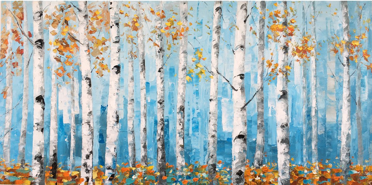 Impressionistic Landscape Acrylic Painting By Jianzhe Chon, 55 X 28, Birch Trees Forrest Z048, Original Artwork