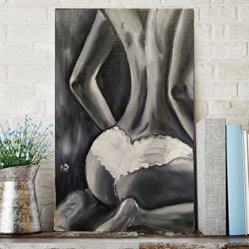 Adele, original erotic nude oil painting, gift, white panties, bedroom painting by Nataliia Plakhotnyk