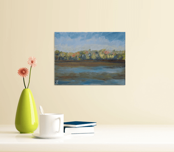 River landscape oil painting on canvas, spring forest painting