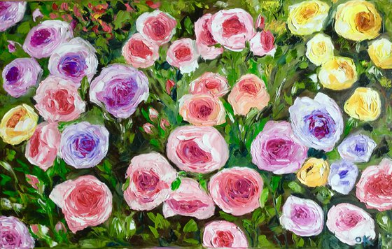 WHITE PINK YELLOW PURPLE  ROSES IN A GARDEN palette knife modern still life  flowers office home decor gift