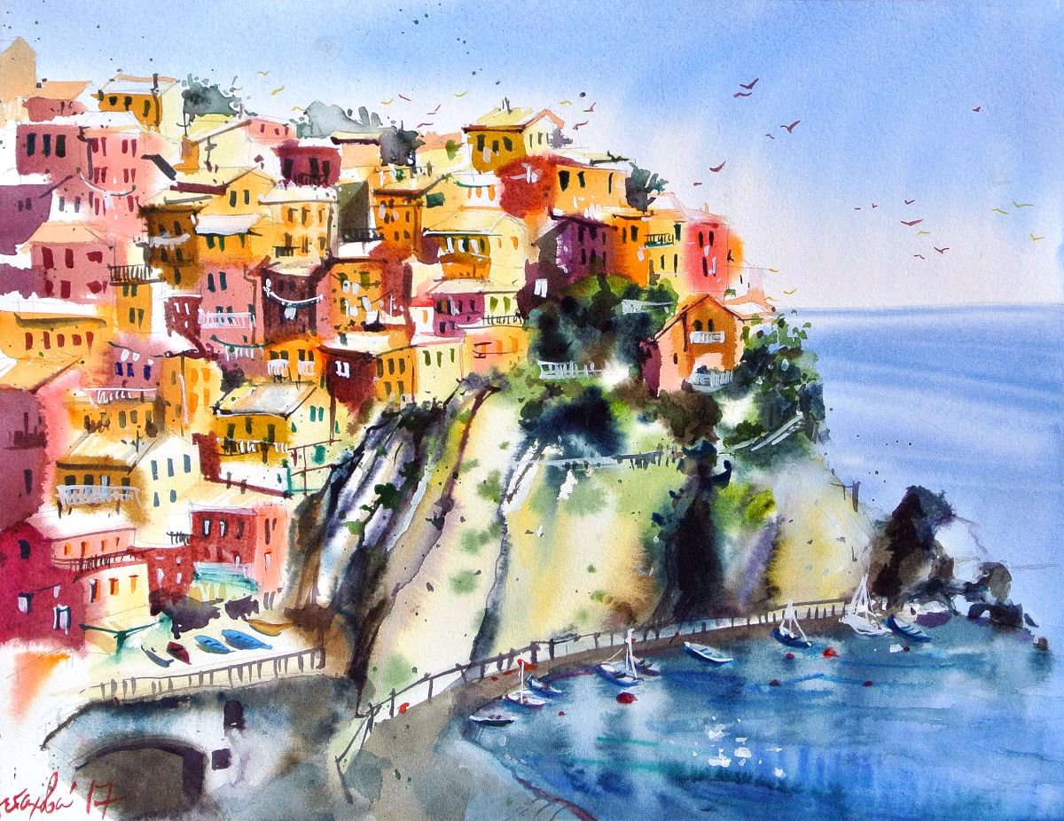 Impressionistic Landscape Watercolour By Ksenia Astakhova, 16 X 13", Manarola, Original Artwork