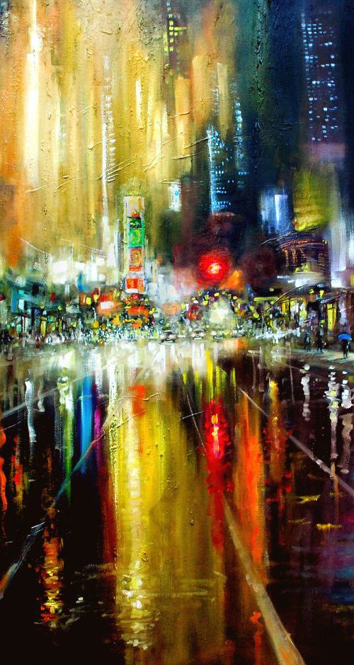 New York City lights in rain, 48x36 inches by Vishalandra Dakur