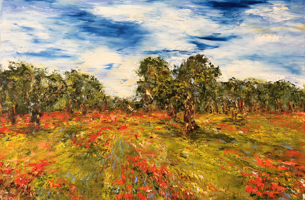 Impressionistic Landscape Oil Painting By Diana Malivani, 35 X 24, Oliviers En Provence, Original Artwork