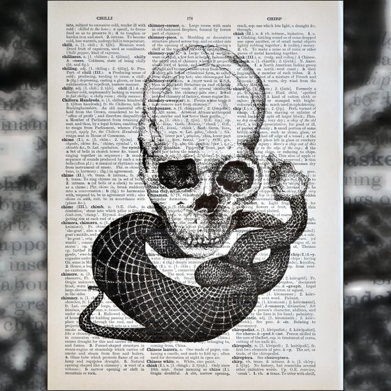 Skull and Snake - Collage Art on Large Real English Dictionary Vintage Book Page