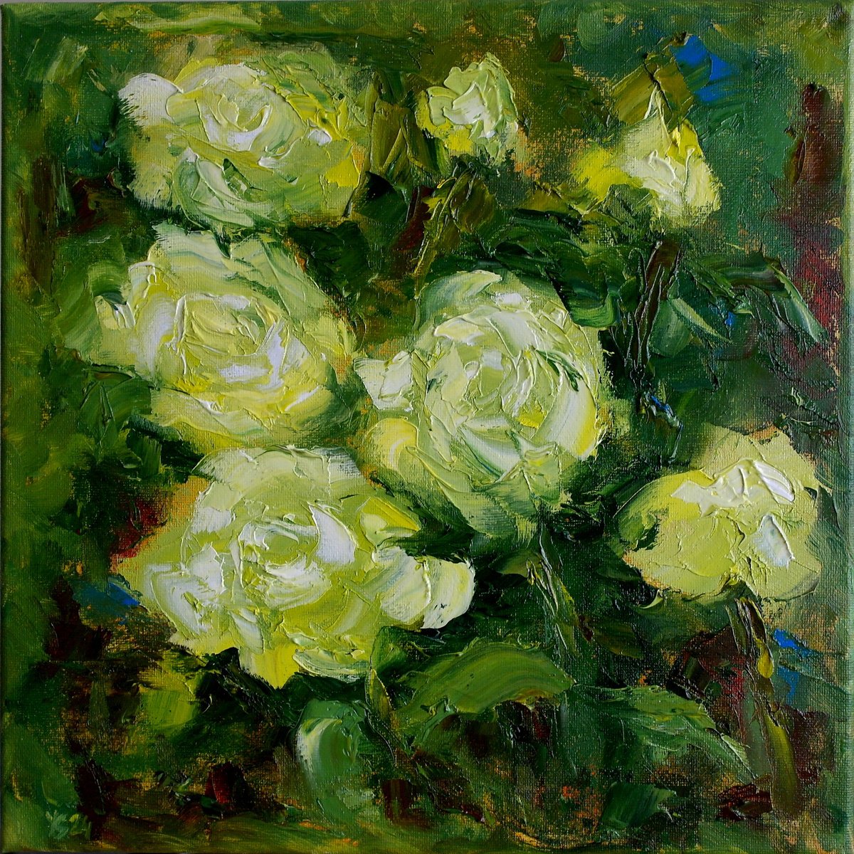Impressionistic Botanical Oil Painting By Juri Semjonov, 12 X 12", White Wild Roses, Original Artwork