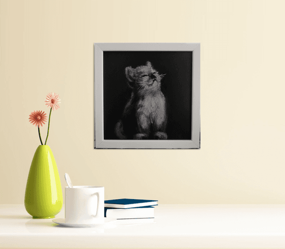 Little cat Black and Silver Monochrome art Framed and Ready to hang
