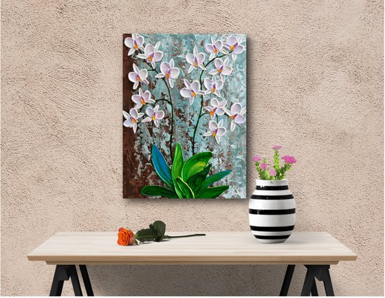 White Orchid - Impasto Floral Painting, Palette Knife Art