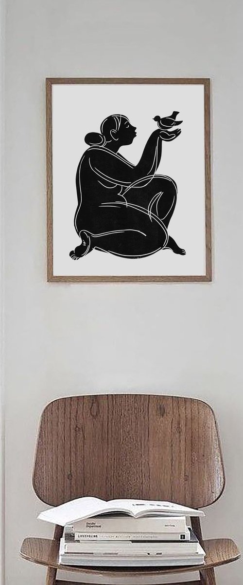 Linoprint "Bird-2" 40x50cm by Lidiya Baranik