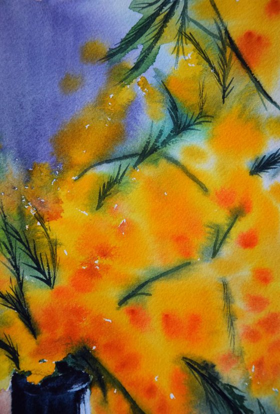 Flowers original watercolor painting Yellow mimosa in vase, spring still life