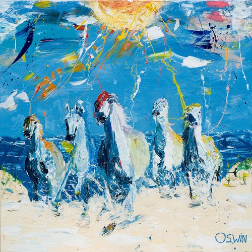 Horse painting - ON THE BEACH equine art 120 x 120 cm. 47.24"x 47.24' by Oswin Gesselli by Oswin Gesselli