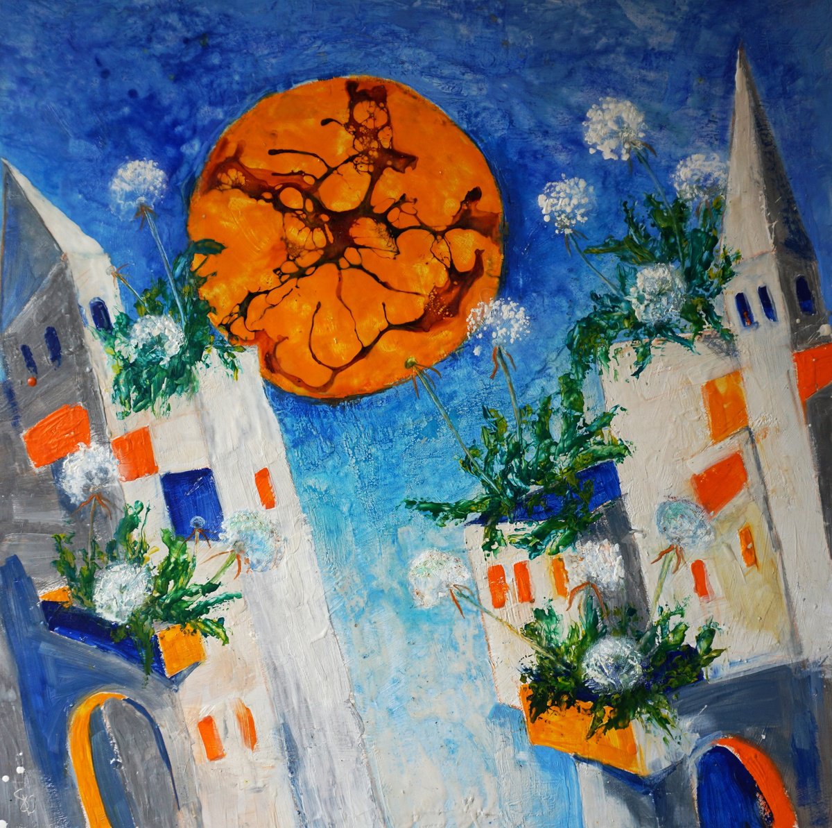 Impressionistic Cityscapes Painting By Dora Stork, 28 X 28, Photosynthetic City, Original Artwork