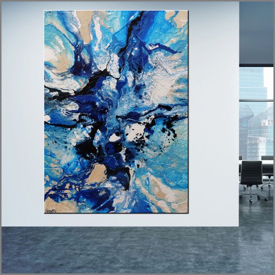 Oceans 140cm x 100cm Blue White Textured Abstract Art