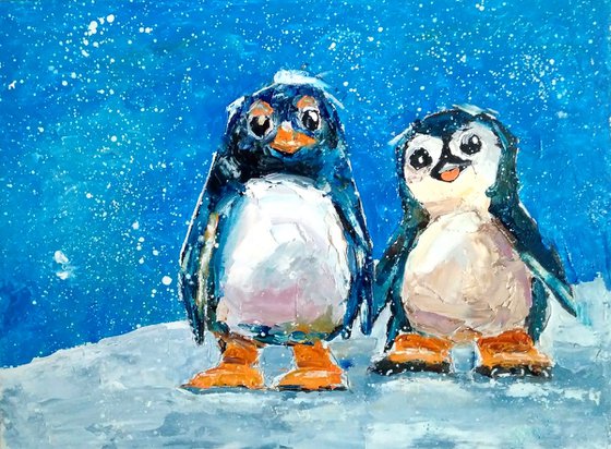 Penguin Couple Bird Small Artwork Snow Landscape